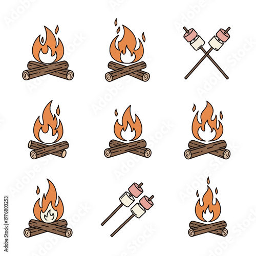 Collection of nine campfire and marshmallow icons featuring burning wood logs with orange flames and roasted pink and white marshmallows on sticks, flat vector line art style.