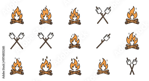 Vector collection of campfire and marshmallow icons featuring burning wood logs with orange flames and marshmallows on roasting sticks. Flat line art design for camping activities.