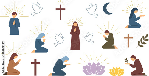 Spiritual figures and sacred symbols convey religious themes through a collection of diverse devotional icons.