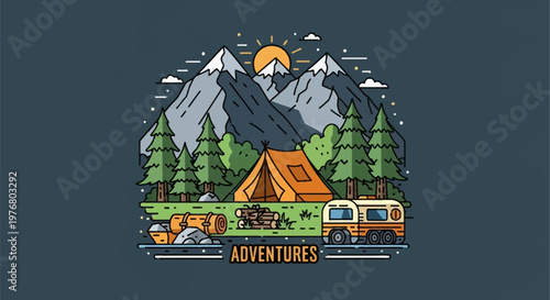 Flat vector illustration of a wilderness camping scene featuring an orange A-frame tent, a small travel trailer, pine trees, and snow-capped mountains with the word ADVENTURES.