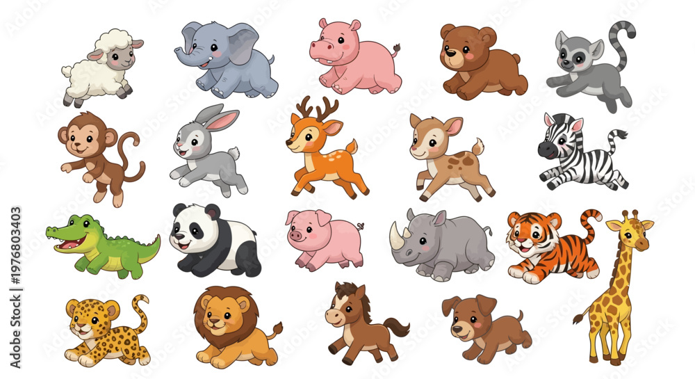 Fototapeta premium A collection of cute cartoon wild and farm animals depicted in a playful style