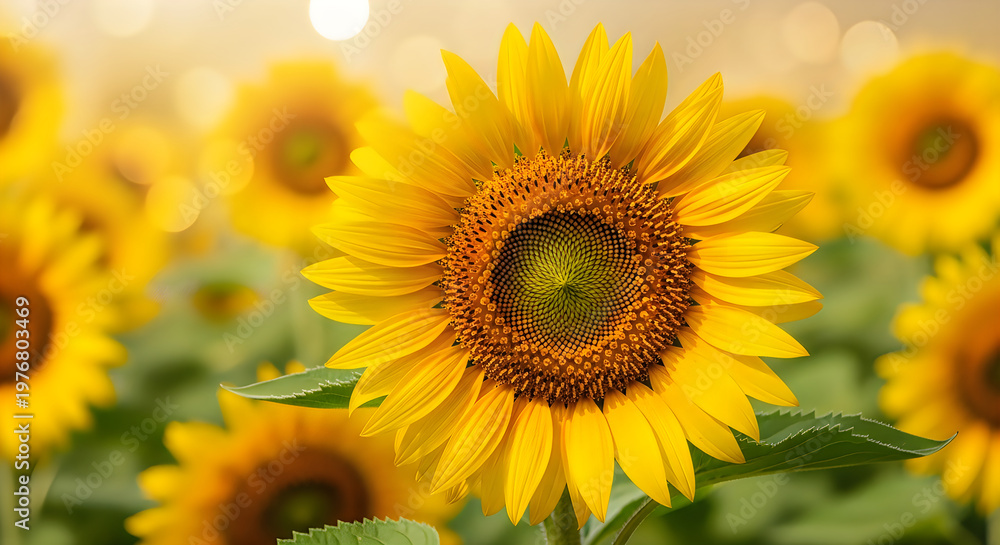 Fototapeta premium Vibrant sunflower in a sunlit field with beautiful bokeh background