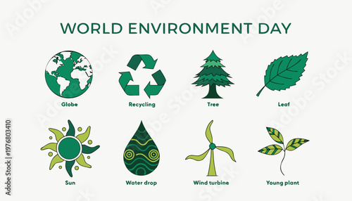 World Environment Day vector icon set, green ecology symbols for recycling and sustainability, 8 nature conservation elements for eco friendly design