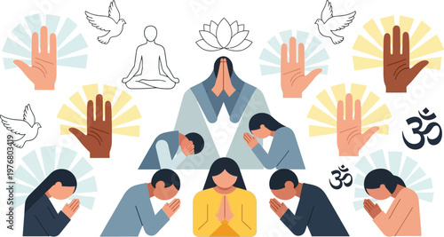 Worshipers depicted in prayer reflect a diverse group of individuals seeking connection and peace through spiritual rituals.