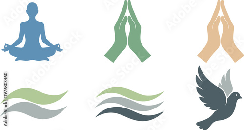 Meditation icons feature a seated figure and peaceful symbols representing holistic wellness and inner balance.