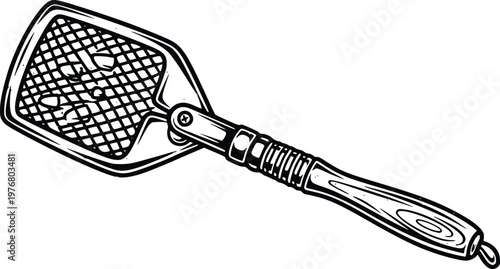 Foldable Fishing Landing Net Hand Drawn Vector Vintage Engraving Style