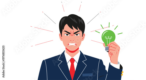 Frustrated and angry young businessman in a suit clenching his teeth and holding a glowing green lightbulb in his hand.