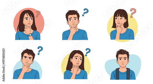 Collection of young men and women portraits showing various expressions of thinking and doubt with blue question marks.