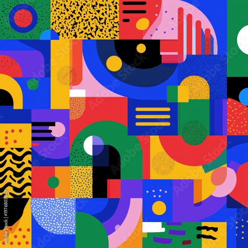 A vibrant abstract geometric composition featuring overlapping shapes in bold colors like blue, yellow, red, green, and purple with various patterns and textures.