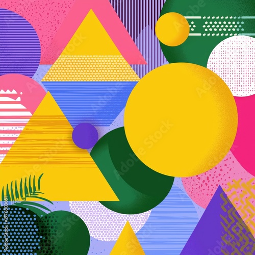 A vibrant abstract composition with colorful geometric shapes including triangles, circles, and patterns on a pink, blue, and green background.