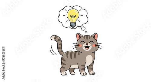 Cute striped tabby cat standing and smiling with a yellow lightbulb in a thought bubble suggesting a clever new idea.