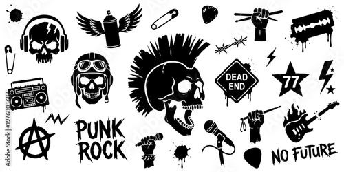 Punk rock music and subculture elements set. Collection of silhouettes with skulls, anarchy symbols, guitars and grunge underground icons.