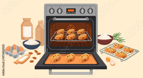 Flat vector illustration of almond biscotti baking inside a classic gray electric oven with an open door, featuring baking ingredients including eggs, flour sacks, and almonds.