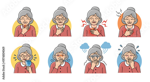 Set of eight panels showing an elderly woman experiencing various symptoms of illness like sore throat, cough, and chest pain.