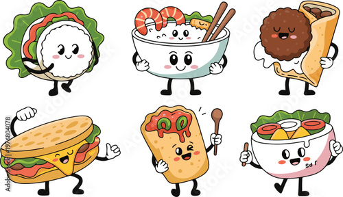 Cute animated food characters with arms and legs holding different dishes happily