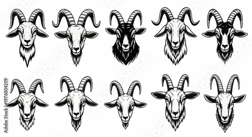Vector set of ten stylized goat head icons with curved ribbed horns and goatees, monochrome line art illustrations of rams and goats isolated on a plain white background.