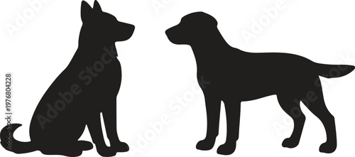 Two dog silhouettes facing each other, one sitting, one standing, representing companionship and interaction between canine friends.