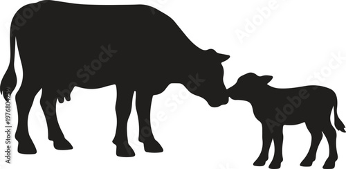Silhouette of a mother cow nuzzling her calf, representing maternal love, tenderness, and the gentle bond in farm animals.
