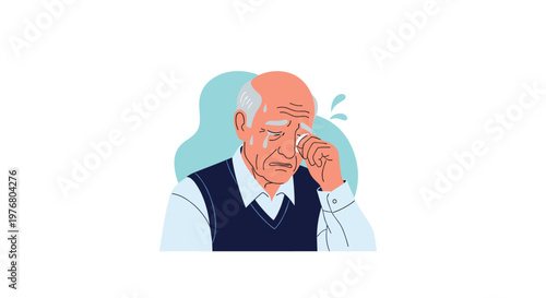 Sad elderly man wearing a blue vest crying and wiping tears away with a white handkerchief expressing deep grief and sorrow.