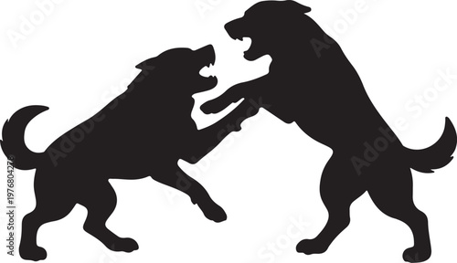 Two aggressive dog silhouettes fighting, showing teeth and claws, depicting conflict and territorial disputes between animals.