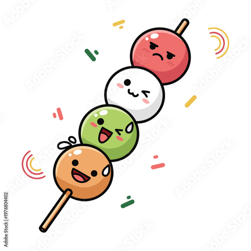Cute Japanese Dango Characters with Expressive Faces on White Background