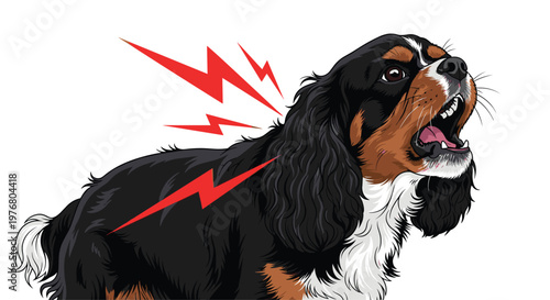 Cavalier King Charles Spaniel dog barking loudly with red lightning bolt symbols representing pain, noise, or high energy.