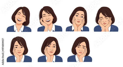 Collection of seven portraits showing a middle aged woman in a blue blazer with various expressions from laughing to crying.