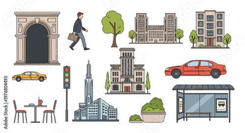 Vector illustration set of city life elements including office buildings, apartment blocks, triumphal arch, red car, yellow taxi, bus stop, businessman walking, and traffic lights.