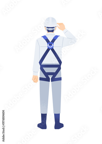フルハーネスを着用した男性。ヘルメットのつばに手を添える作業員の後ろ姿。全身ベクターイラスト素材。