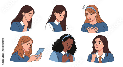 Six panels of teenage girls from different backgrounds showing various sad, depressed, and worried facial expressions.