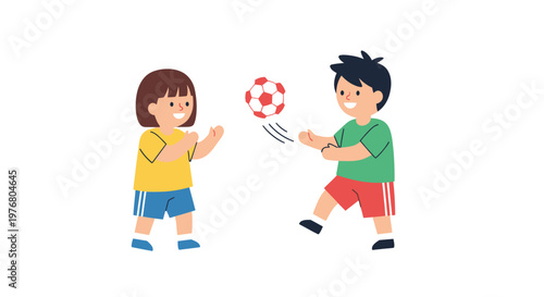 Kids playing soccer, children kicking ball, cartoon sports, youth activity, fun game