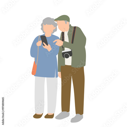 シニア夫婦のスマホ操作イラスト 高齢者がスマートフォンを確認するシーン