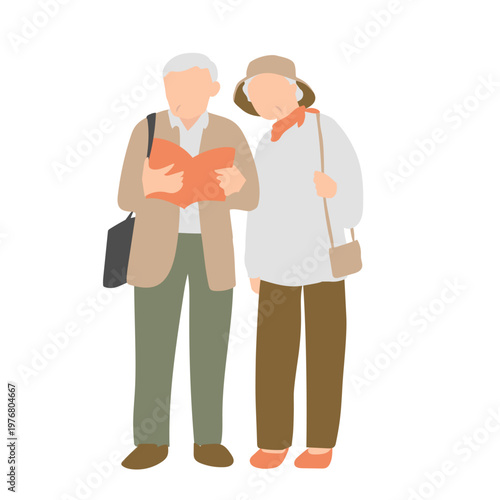 シニア夫婦の地図確認イラスト 高齢者の観光・旅行計画シーン