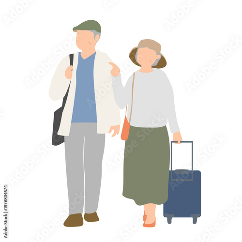 シニア夫婦の旅行イラスト スーツケースを持って歩く高齢者の外出シーン