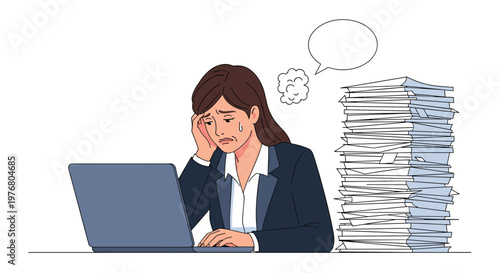 Overworked and stressed businesswoman crying at her desk with a laptop and a huge mountain of paperwork and documents.
