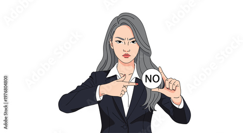 Stern businesswoman in a dark suit holding a circular button with the word no written on it expressing rejection or denial.