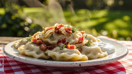 Delicious Dumplings with Bacon and Herbs on a Sunny Picnic Table