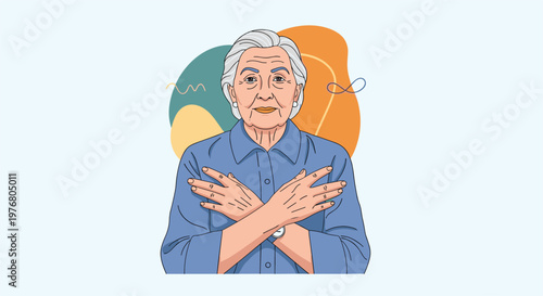 Senior woman with grey hair wearing a blue shirt crossing her arms in an x shape gesture against an abstract background.
