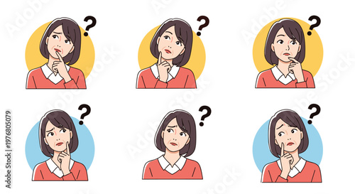 Collection of female character illustrations in circles showing various thinking doubting and questioning facial expressions.