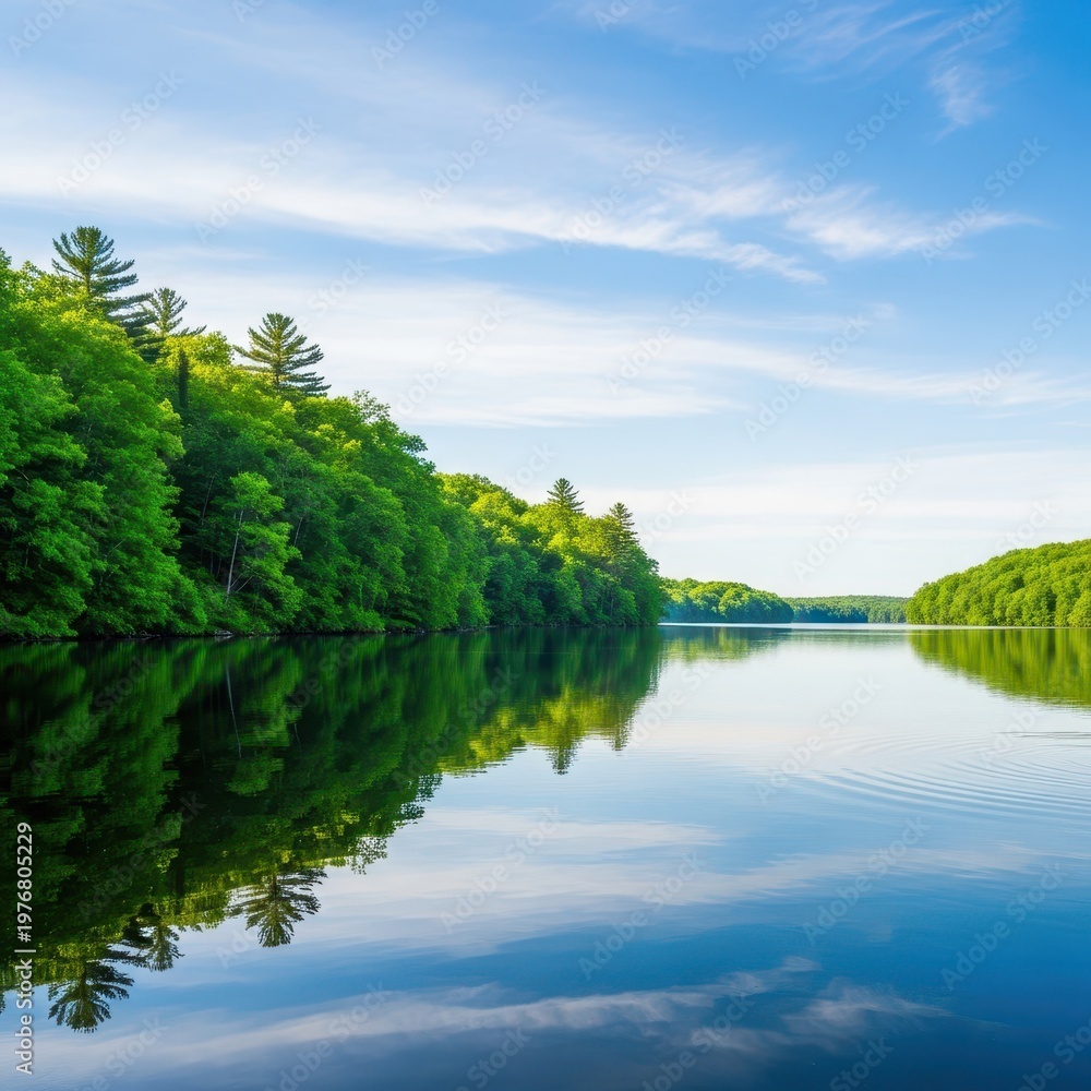 Obraz premium Peaceful summer landscape featuring tranquil lake water reflecting the bright blue sky and lush green forest shoreline, wilderness, idyllic, shoreline