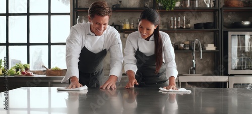 The Chefs Wiping a Stainless Steel Countertop in a Commercial Kitchen While Smiling