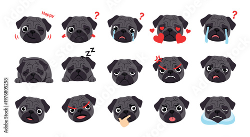 Large set of pug dog head emojis expressing a wide range of emotions and moods including happiness anger and sadness.