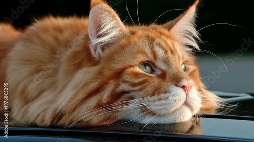 Maine coon cat rests on car hood during sunny afternoon in a suburban area