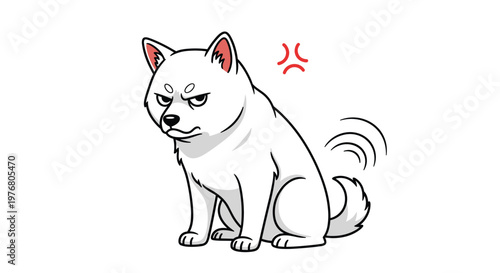 Angry white shiba inu dog sitting with a stern expression and red anger symbols while wagging its tail aggressively.