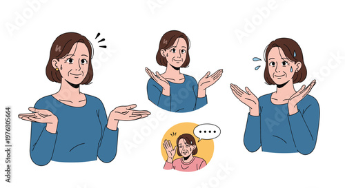 Mature woman with brown hair wearing a blue shirt performing different shrugging gestures expressing ignorance or doubt.