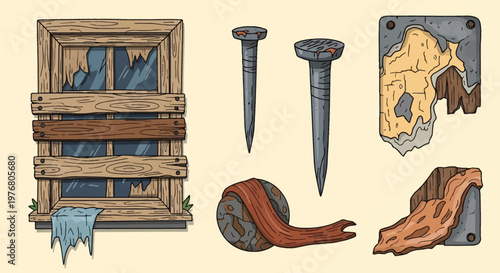 Set of hand-drawn cartoon illustrations featuring a boarded-up wooden window with broken glass, large rusty metal nails, a stone ball wrapped in red cloth, and damaged wall fragments.