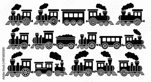 Collection of black steam locomotive silhouettes and train cars. Various vintage railway engine icons with smoke, including freight wagons and passenger carriages on white.