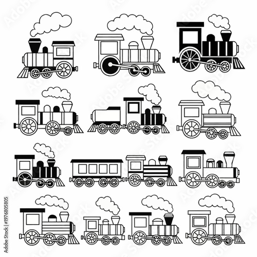 Set of eleven playful black and white steam locomotive train illustrations in various cartoon designs, featuring engines with smoke clouds and wheels, perfect for coloring or icons.
