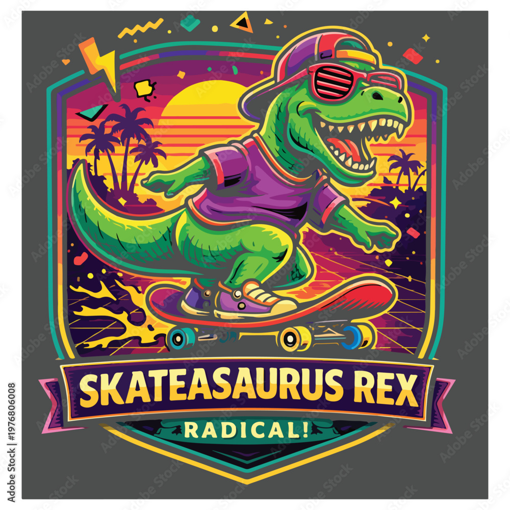 Fototapeta premium Retro Skateboarding Dinosaur 90s Vintage Style T-Shirt Design