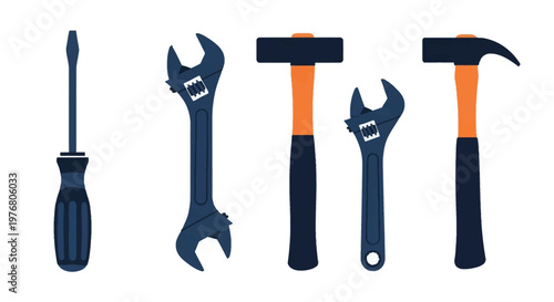 Set of five professional hand tools featuring a flathead screwdriver, two adjustable crescent wrenches, a lump hammer, and a claw hammer, isolated on white background with blue and orange colors.